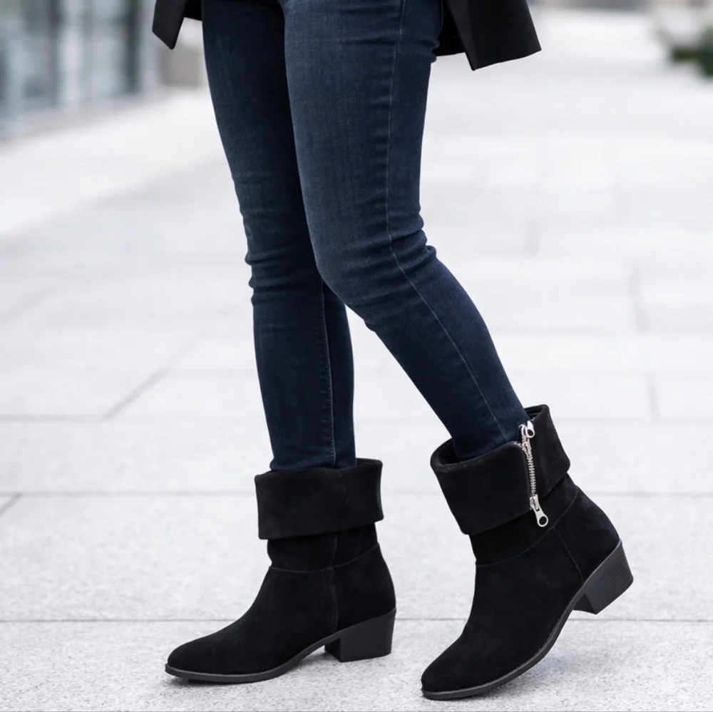 Mossimo Black Suede Fold Over Ankle Boots Size 11 Zipper Low Heel Moto Booties